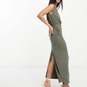 ASOS DESIGN highneck sleeveless blousson midi dress with bodycon skirt in dark khaki-Green