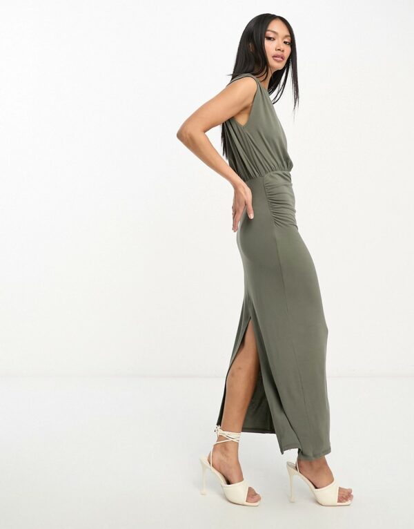 ASOS DESIGN highneck sleeveless blousson midi dress with bodycon skirt in dark khaki-Green