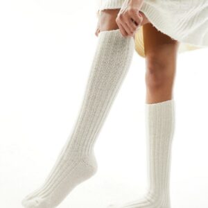 ASOS DESIGN knee high wool mix slouch boot socks in oatmeal-Neutral