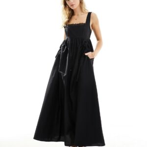 ASOS DESIGN lace trim smock midi sundress with bag pocket detail in black