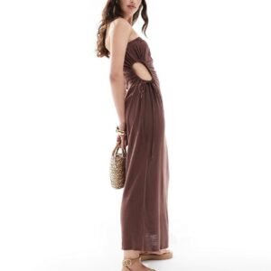 ASOS DESIGN linen bandeau midi sundress with ruched cut out detail in chocolate-Brown