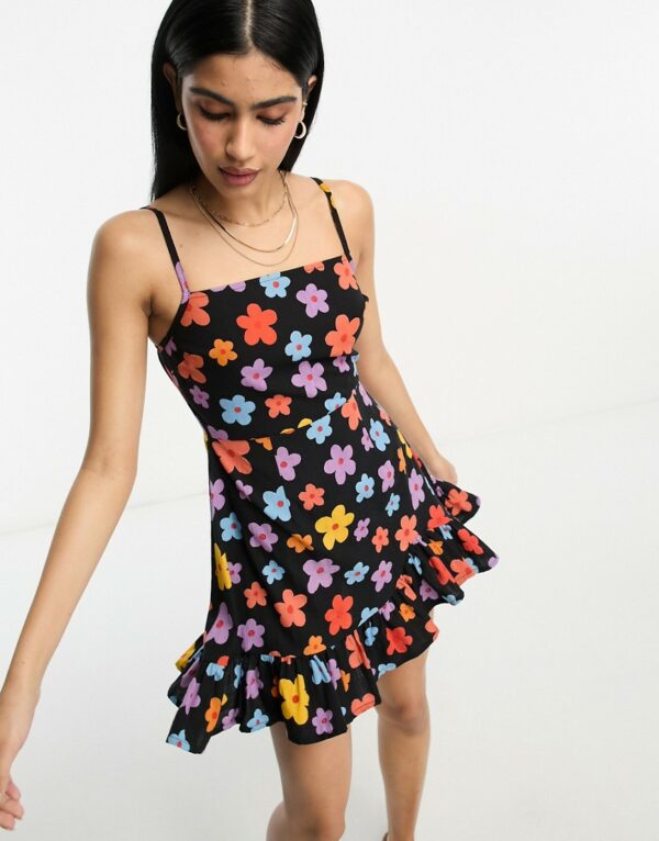 ASOS DESIGN linen cami mini sundress with ruffle hem in bold daisy print-Multi