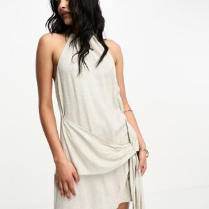 ASOS DESIGN linen halter mini sundress with big waist tie detail in natural-Neutral