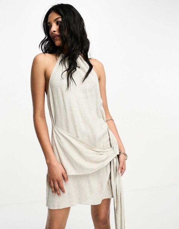 ASOS DESIGN linen halter mini sundress with big waist tie detail in natural-Neutral