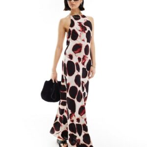 ASOS DESIGN linen racer maxi sundress in blurred animal print-Multi