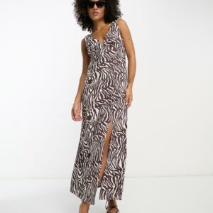 ASOS DESIGN linen v neck maxi slip sundress in natural zebra print-Multi