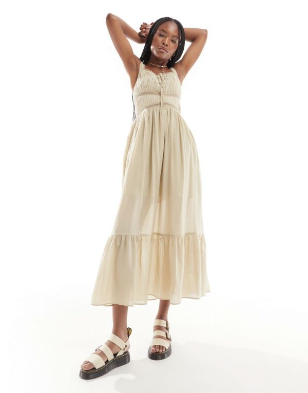 ASOS DESIGN maxi prairie sundress with lace trim and ruching detail in taupe-Neutral