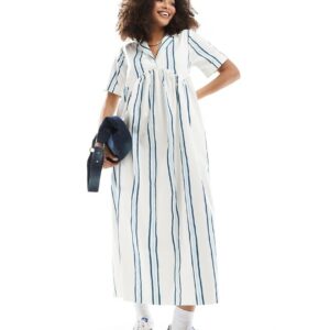 ASOS DESIGN midi shirt dress with revere collar and corset hem in two tone stripe-Multi