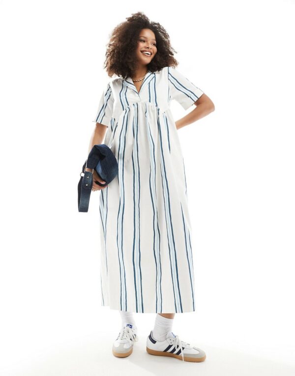 ASOS DESIGN midi shirt dress with revere collar and corset hem in two tone stripe-Multi