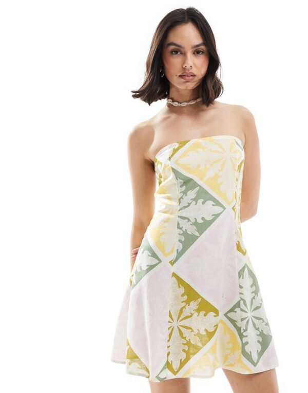 ASOS DESIGN mini linen bandeau sundress in tile print-Multi