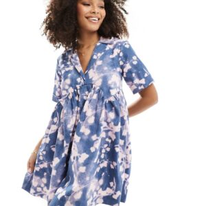 ASOS DESIGN mini shirt dress with revere collar and corset hem in blue abstract print-Multi