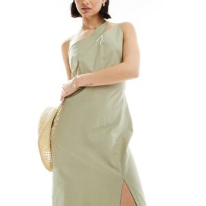 ASOS DESIGN one shoulder split strap linen midi sundress in sage green