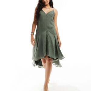 ASOS DESIGN organza v neck cami swing midi dress with high low hem-Green