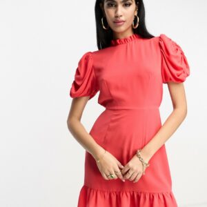 ASOS DESIGN pie crust neck puff sleeve mini tea dress in bright red