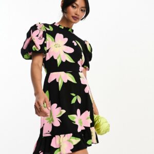 ASOS DESIGN pie crust neck puff sleeve mini tea dress in oversized black based floral print-Multi