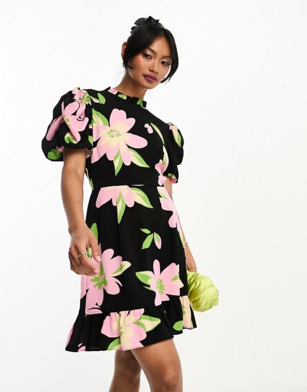 ASOS DESIGN pie crust neck puff sleeve mini tea dress in oversized black based floral print-Multi