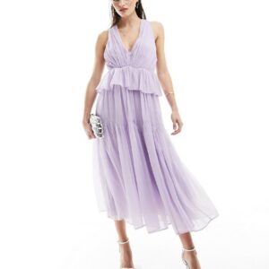 ASOS DESIGN plunge pleated tiered midi dress in dusky lilac-Purple