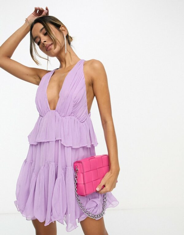 ASOS DESIGN plunge pleated tiered mini dress in purple