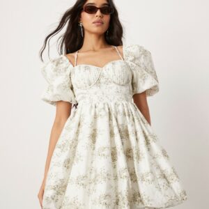 ASOS DESIGN puff ball mini dress with pintuck corset bodice in bow floral print-Multi