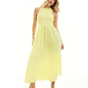 ASOS DESIGN racer crinkle midi sundress with scoop back in pale lemon-Yellow