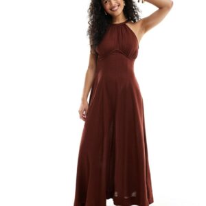 ASOS DESIGN racer underbust seam maxi sundress with full skirt in chocolate-Brown