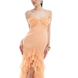 ASOS DESIGN raw edge corset detail panelled maxi dress with hi low ruffle hem in peach-Orange