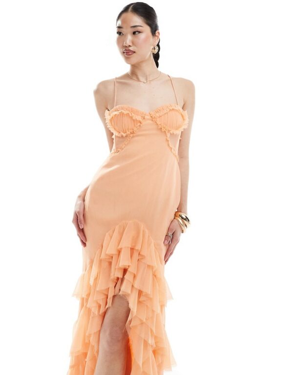 ASOS DESIGN raw edge corset detail panelled maxi dress with hi low ruffle hem in peach-Orange