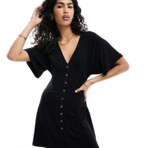 ASOS DESIGN roll sleeve button front mini tea dress in black