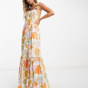 ASOS DESIGN ruffle maxi sundress with lace inserts in retro floral-Multi