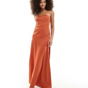 ASOS DESIGN satin bandeau maxi dress with corset detailing in rust-Orange