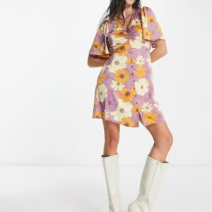 ASOS DESIGN satin button through mini tea dress with flutter sleeve in retro floral print-Multi