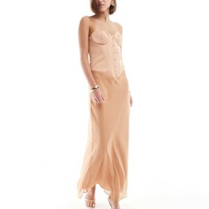 ASOS DESIGN satin corset chiffon skirt maxi dress in camel-Brown