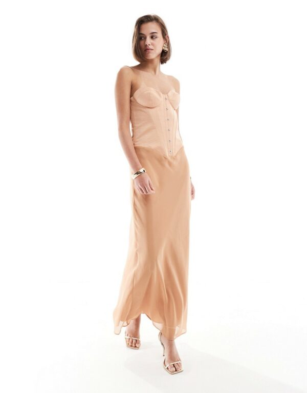 ASOS DESIGN satin corset chiffon skirt maxi dress in camel-Brown