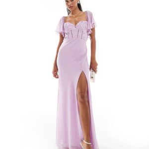 ASOS DESIGN satin corset detail chiffon bias maxi dress with flutter sleeve in lilac-Purple