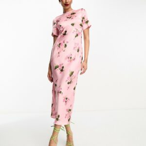 ASOS DESIGN satin midi tea dress with lace up back detail in spaced rose floral-Multi