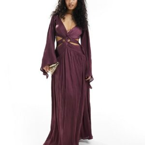 ASOS DESIGN satin plisse ring waist detail maxi dress with kimono sleeve in purple