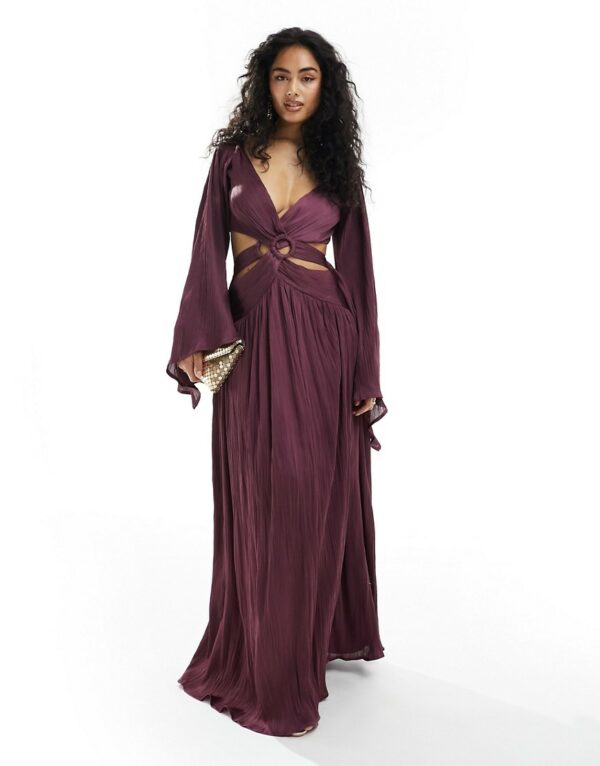 ASOS DESIGN satin plisse ring waist detail maxi dress with kimono sleeve in purple