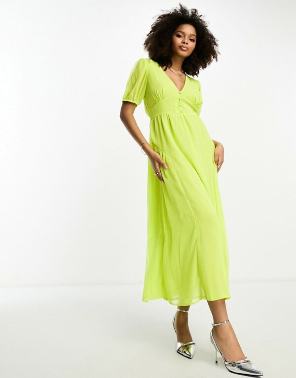 ASOS DESIGN sheer chiffon button midi tea dress with godet side detail in acid green