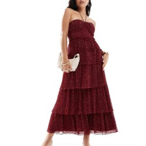 ASOS DESIGN shirred bust micro pleat tiered maxi dress in burgundy spot-Multi