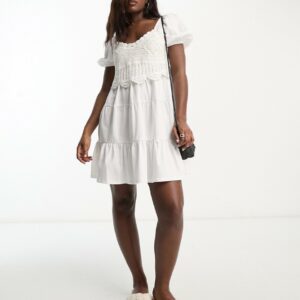 ASOS DESIGN short sleeve mini tiered smock dress with crochet detail in ivory-White