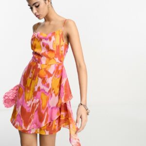 ASOS DESIGN soft cowl mini sundress with asymmetric hem in pink tie dye-Multi