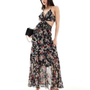 ASOS DESIGN soft maxi sundress with cutout in black floral print-Multi