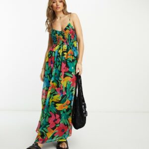 ASOS DESIGN soft shirred cami midi sundress in blurred floral print-Multi