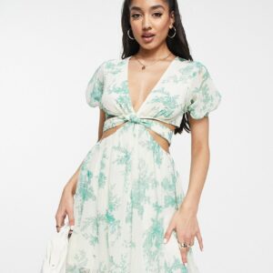 ASOS DESIGN soft tiered mini dress with tie waist detail in green floral-Multi