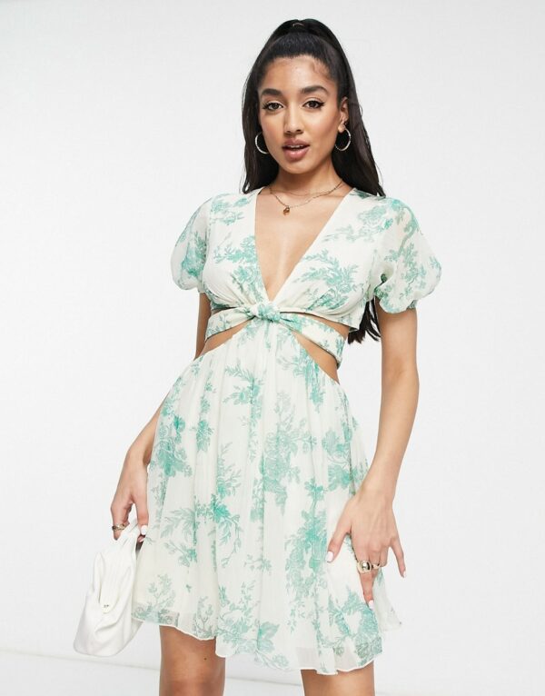 ASOS DESIGN soft tiered mini dress with tie waist detail in green floral-Multi