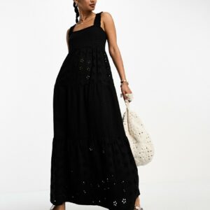 ASOS DESIGN square neck broderie tiered maxi dress in black