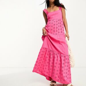 ASOS DESIGN square neck broderie tiered maxi dress in hot pink