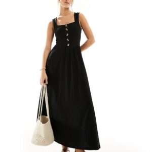 ASOS DESIGN square neck midi sundress with button detail in black