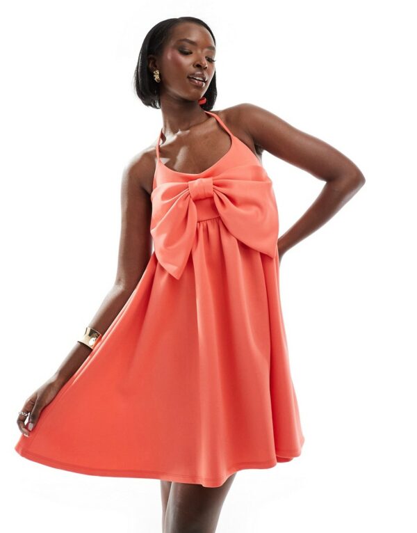 ASOS DESIGN strappy babydoll mini dress with oversized bow in coral-Orange