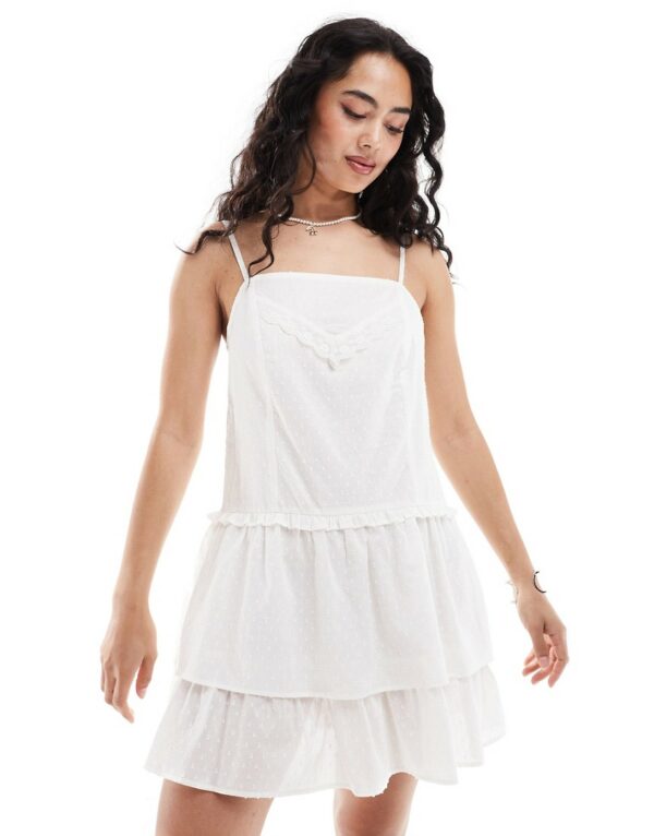 ASOS DESIGN strappy mini lace nightie dress with tiered ruffle skirt in off white